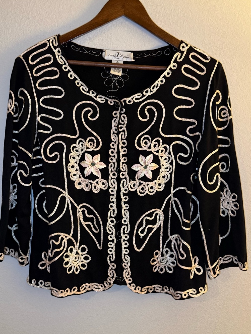 Vintage Oleg Cassini Black Open Front Embroidered Jacket